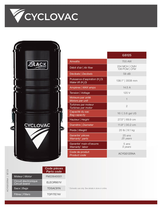 Cyclovac Black Edition with Low voltage hose and accessories.